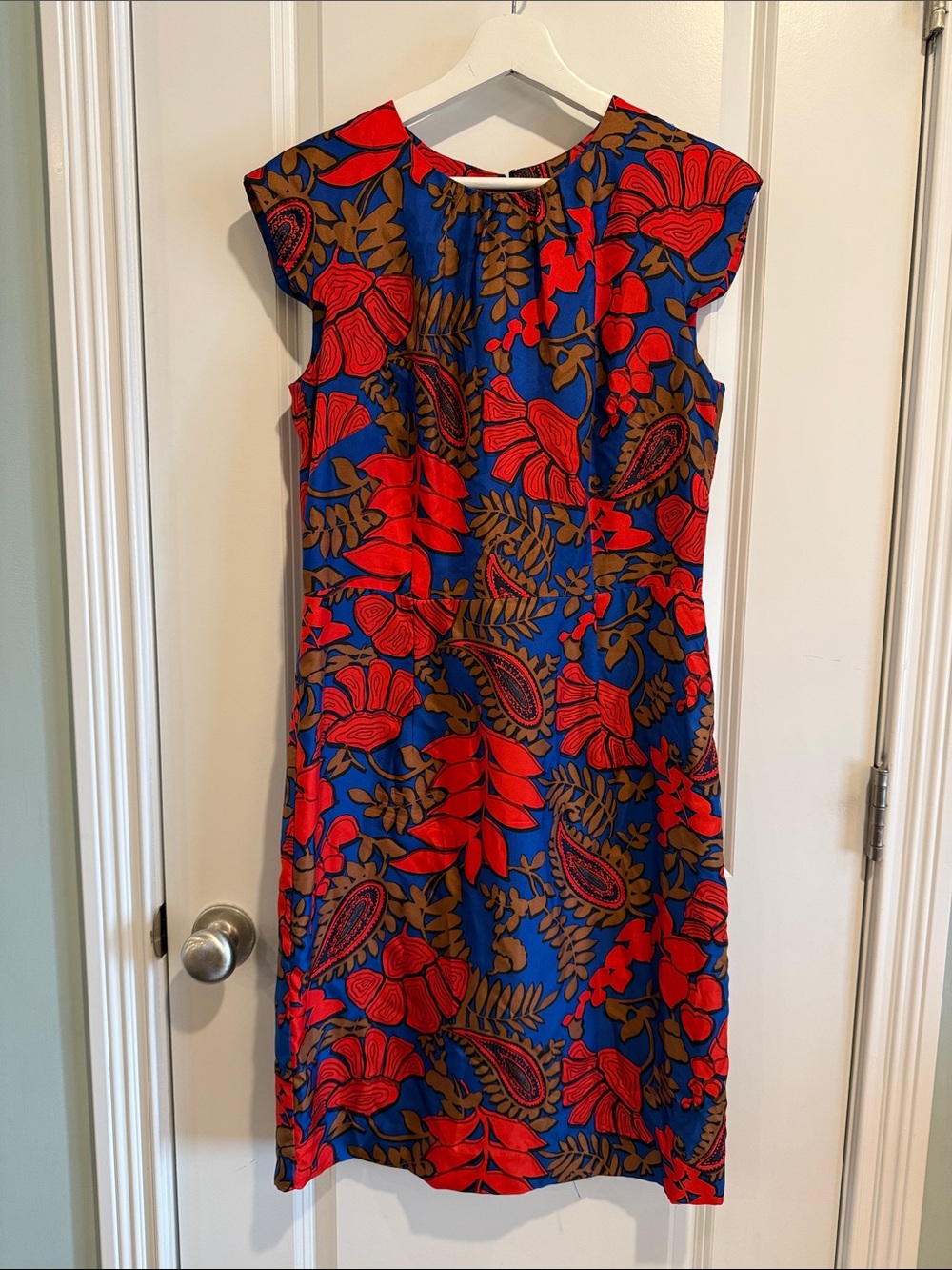 Milly of New York Silk Red & Blue Floral Shift Dress